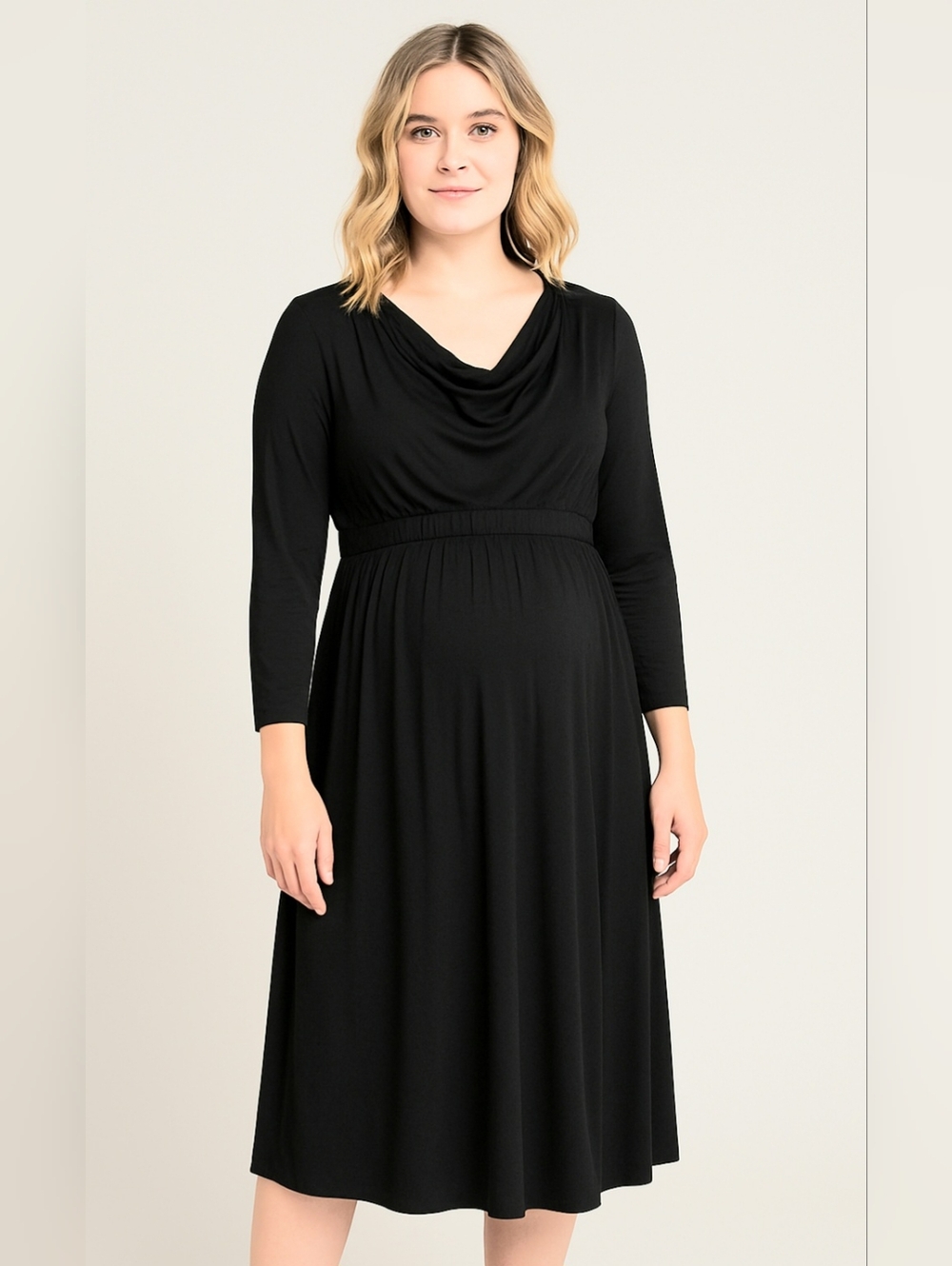 Black 3/4 sleeve Nursing Friendly Cowl Neck Maternity Midi Dress